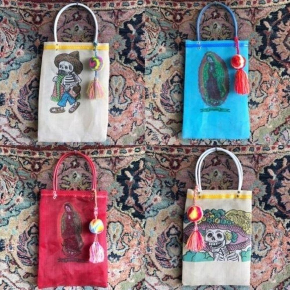 3 Colors! MX Woven Skull Calavera Tote w Pom Pom Tote